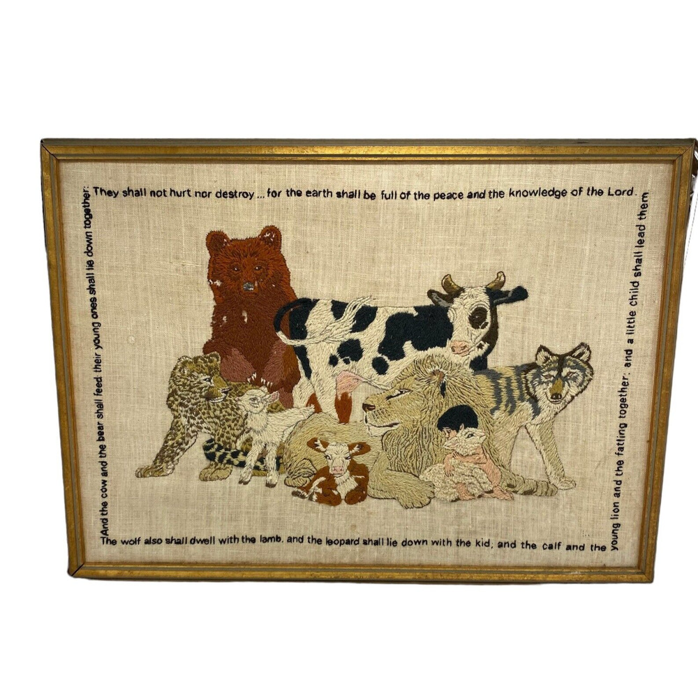 Vtg Framed Crewel Wall Hanging Isaiah 11:6-7 Biblical Large Finished Embroidery
